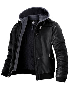 wantdo Men's Big and Tall PU Faux Leather Jacket Zip-Up Motorcycle Bomer Jacket Casual Winter Coat with Removable Hood