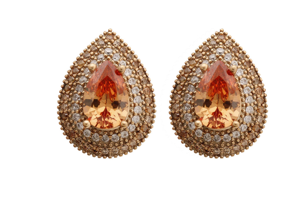 Turkish Handmade Jewelry Small Drop Shape Pear Cut Honey and Round Cut Topaz 925 Sterling Silver Stud Earrings