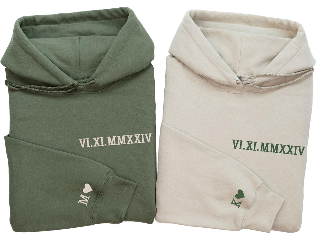 Custom Roman Numeral Hoodie Couple Hoodie Initial on Sleeve for Couples Personalized Valentines Day Gift Matching Couple Outfit with Date Wedding Engagement Gift for Bride