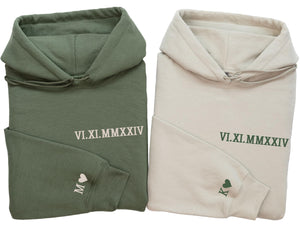 Custom Roman Numeral Hoodie Couple Hoodie Initial on Sleeve for Couples Personalized Valentines Day Gift Matching Couple Outfit with Date Wedding Engagement Gift for Bride