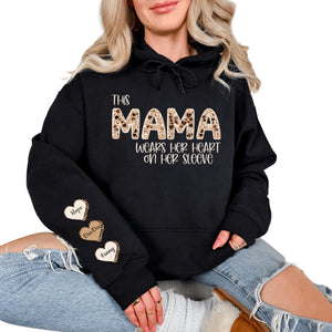 This Mama Wears Her Heart on Her Sleeve Shirt Custom Mama Sweatshirt With Kid Name on Sleeve Personalized Mom Sweatshirt Christmas Gift for Mom