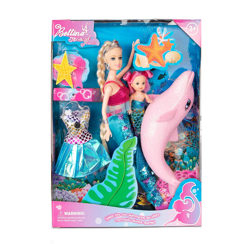 Princess Doll with Little Mermaid & Pink Dolphin Playset, Blonde Hair Dolls Toys with Accessories, Gift for 3 to 7 Year Old Girls