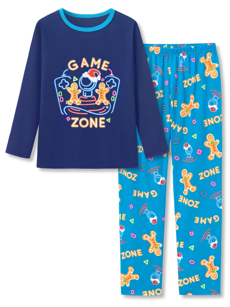 Beezizac Cool Pajamas for Boys - Gingerbread & Gamer Holiday Pull-on Long Sleeves & Pants Set 2-PC Soft PJ Kids Size 18
