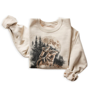 Vintage Wolf Wilderness Scene Sweatshirt - 90s Vintage Wolves Howling At Moon Sweatshirt - Scenic Winter Evergreen Pine Tree Forest Nature Sweater - Unisex Graphic Crewneck Sweatshirt