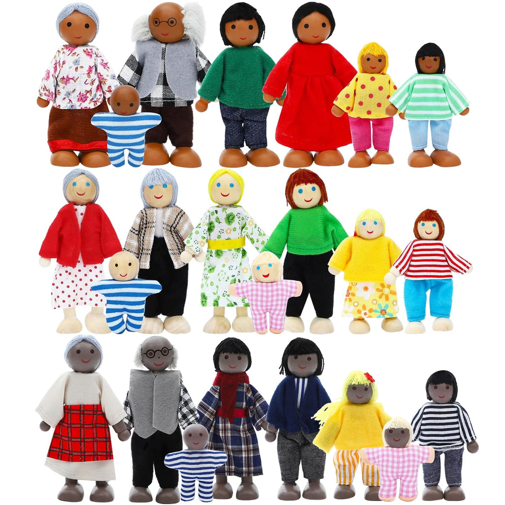 ONEST 23 Pieces Wooden Dollhouse Family Set Mini People Figures Dollhouse Dolls Wooden Doll Family Pretend Play Figures Accessories for Pretend Doll House Toy
