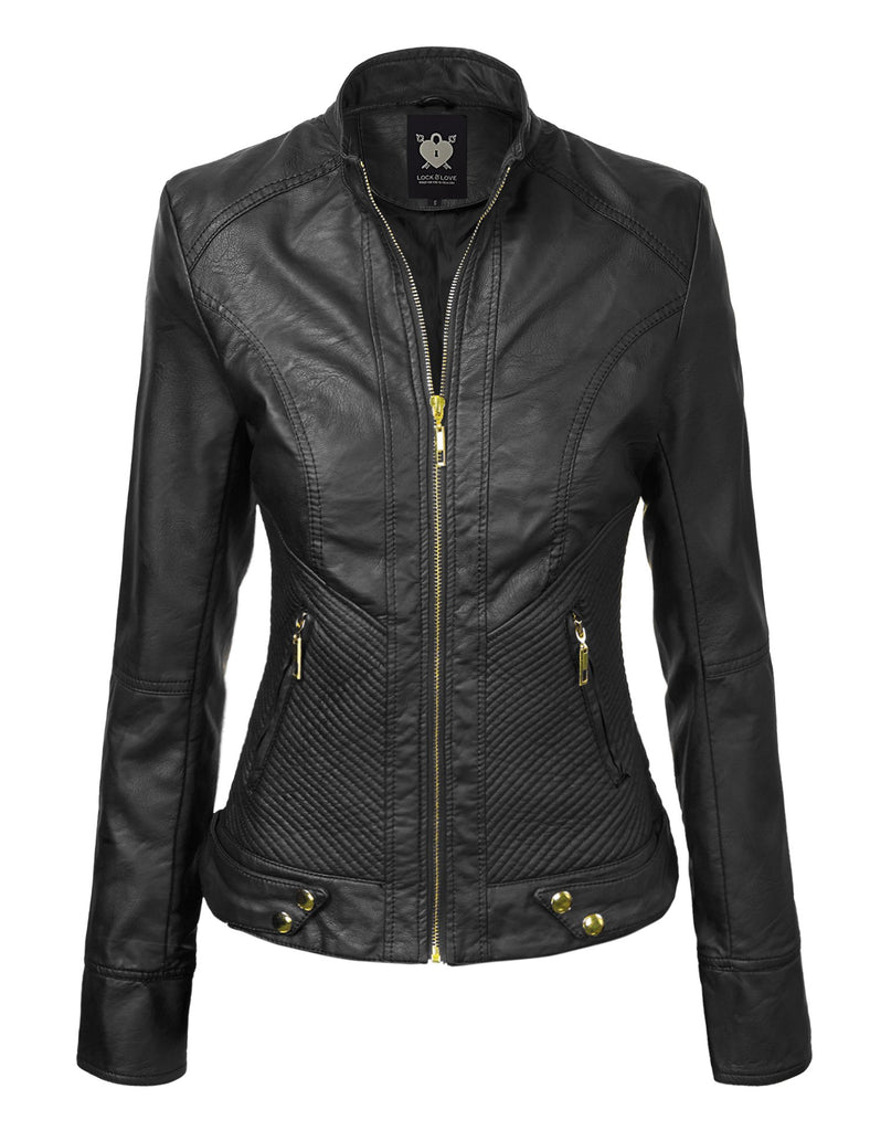 Lock and Love Slim Fit Stylish Vegan Leather Moto Jacket for Women - PU Biker Motorcycle Coat
