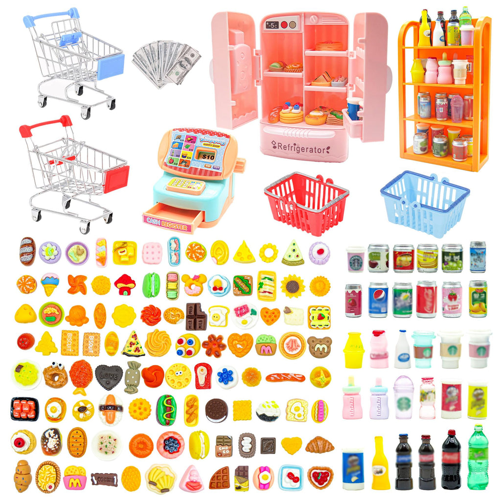 139 Pcs Mini Shopping Cart Basket Miniature Food Drink Toy Supermarket, Miniature Dollhouse Furniture and Accessories,Grocery Store Pretend Play,Doll House Refrigerator Mini Fridge Toy Mini Food Set