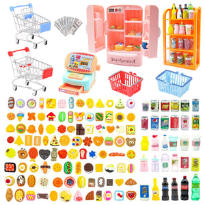 139 Pcs Mini Shopping Cart Basket Miniature Food Drink Toy Supermarket, Miniature Dollhouse Furniture and Accessories,Grocery Store Pretend Play,Doll House Refrigerator Mini Fridge Toy Mini Food Set