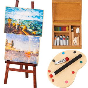 Skylety 3-Piece Dollhouse Painting Tool Accessories Set - Wooden Easel, Miniature Palette, Watercolor Box for Dolls