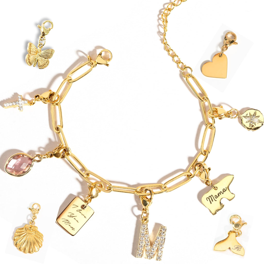 MignonandMignon Personalized Engraved Gold Charm Bracelet for Mom, Gifts for Women, Gift for Grandma, Unique Birthdays Teen Girls, Anniversaries, Graduation, Handmade Jewelry for Her - P-CHARM-MIX-BR