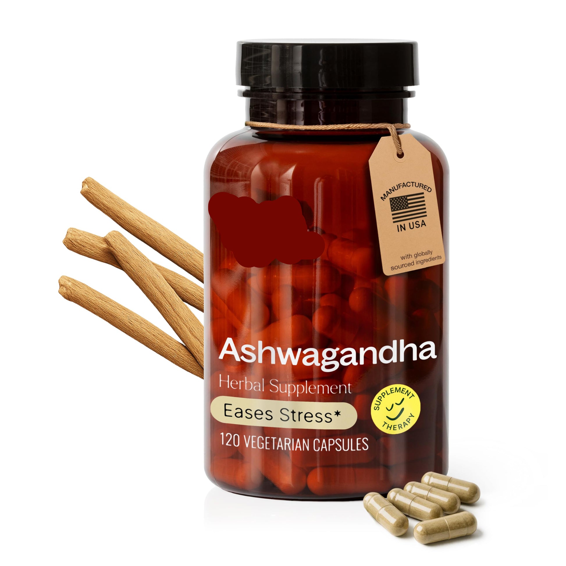Bottle of Plant Therapy Ashwagandha herbal supplement with capsules and sticks on a white background