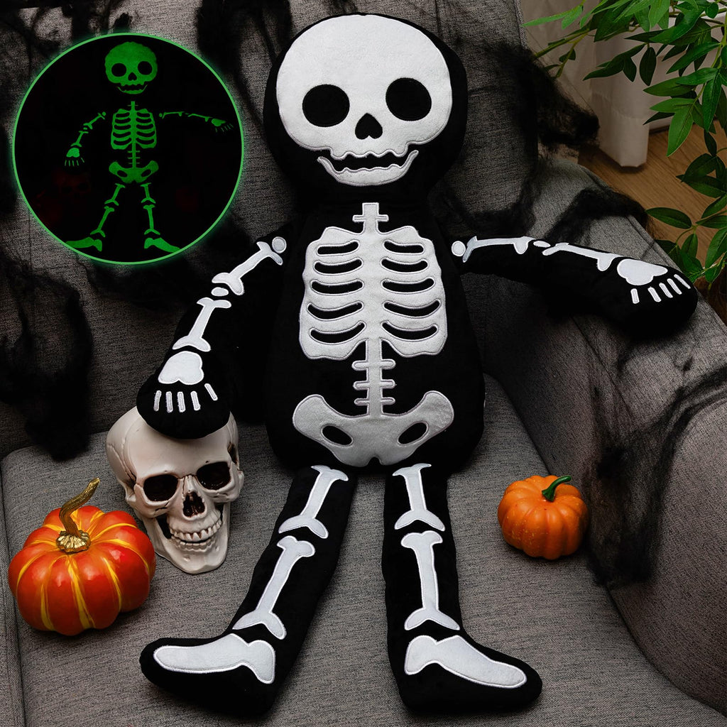 31.5 Inch Halloween Skeleton Plush Glow in The Dark Skeleton Stuffed Animal Horror Plush Pillow Doll Spooky Toys Plushy Cushion for Halloween Festive Home Decorations Birthday Party Gifts