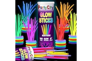 Party City 100 Glow Sticks Bulk Party Pack 8”– Neon Glow in the Dark Party Supplies, Glowsticks with Connectors Bracelets & Necklaces, Light Up Favors for Kids, Adults, Birthdays, Parties, Decorations