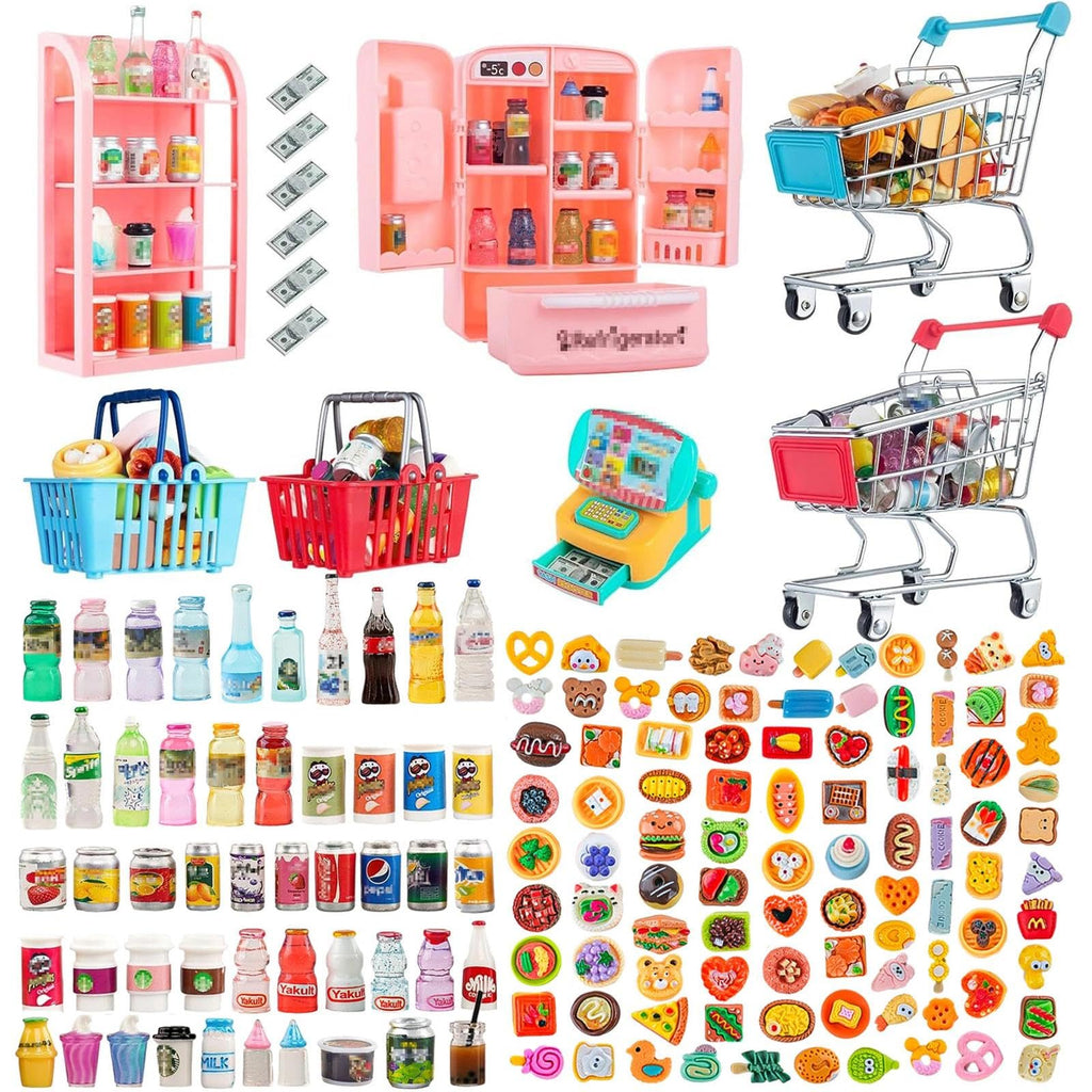 164Pcs Mini Shopping Cart Basket Miniature Food Drink Toy Supermarket Metal Handcart Trolley DollHouse Store Grocery Accessories Kitchen Play Game Party Model Shelves Cash Register Refrigerator Fridge