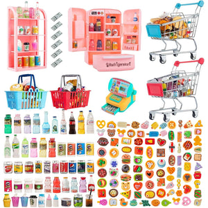 164Pcs Mini Shopping Cart Basket Miniature Food Drink Toy Supermarket Metal Handcart Trolley DollHouse Store Grocery Accessories Kitchen Play Game Party Model Shelves Cash Register Refrigerator Fridge