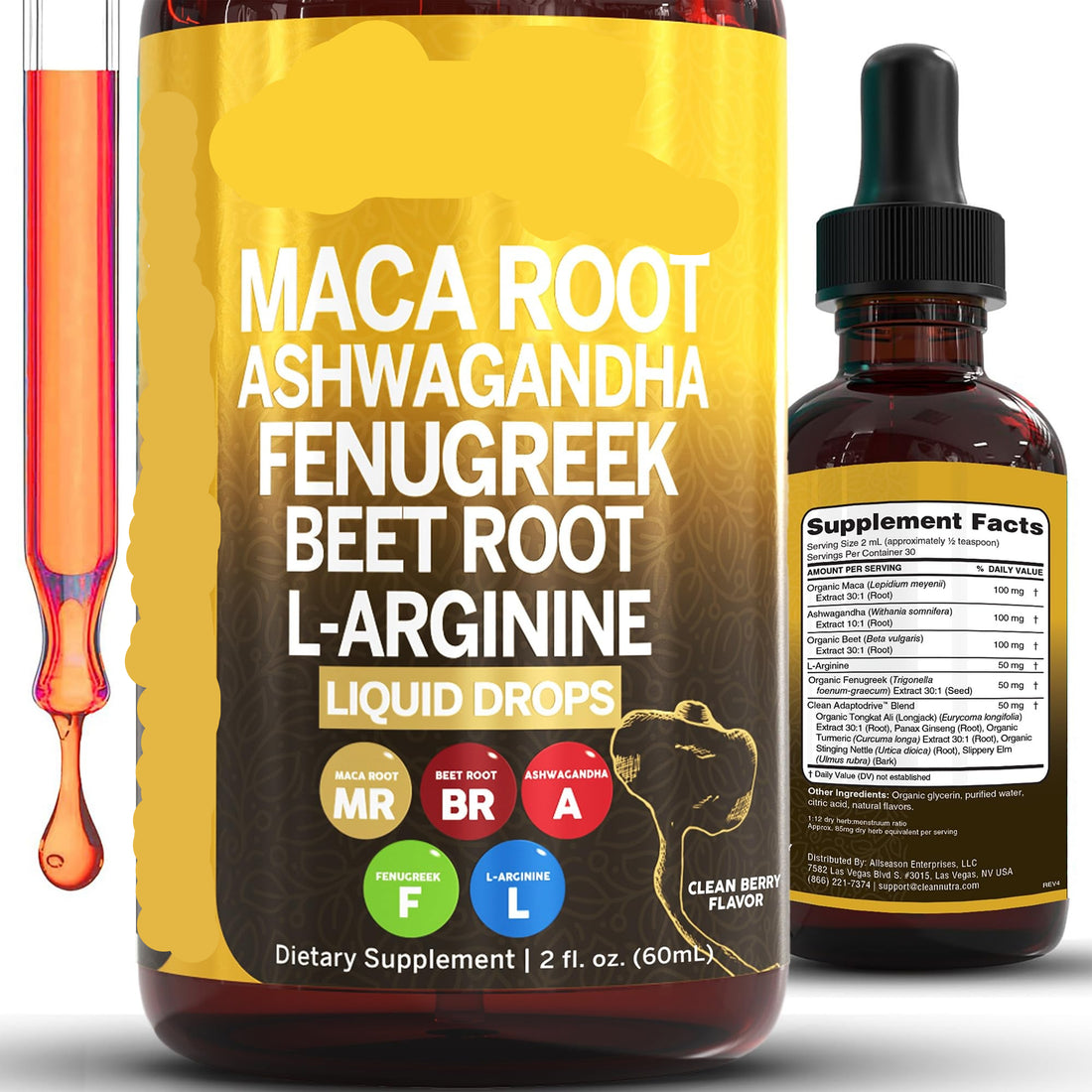 Supplement bottle with dropper labeled 'Clean Nutra' containing maca root, ashwagandha, fenugreek, beet root, and L-arginine.