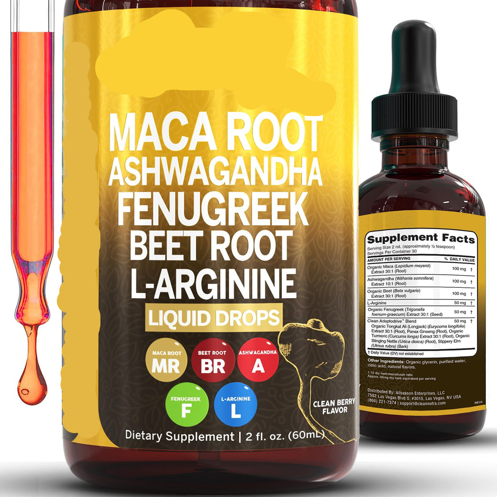 Supplement bottle with dropper labeled 'Clean Nutra' containing maca root, ashwagandha, fenugreek, beet root, and L-arginine.