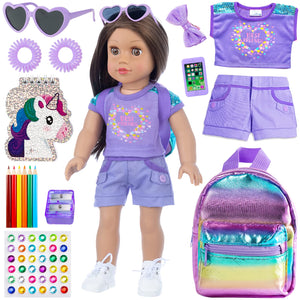 18 Inch Girl Doll Clothes and Accessories School Supplies Playset with Clothes Set, School Bags, Sunglasses, Pencils, Pencil Sharpener, Notebooks, Phone, Hair Clip, Stickers ?No Dolls?