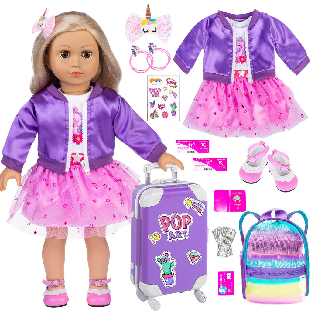 ebuddy 18 Inch Doll Clothes and Accessories School Supplies Playset and Makeup Accesscories Doll Travel Suitcase Set Including Coat,Dress,Suitcase,Hairpin,Hair Ring,Stickers,Makeup Set (No Doll)