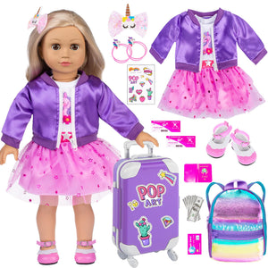 ebuddy 18 Inch Doll Clothes and Accessories School Supplies Playset and Makeup Accesscories Doll Travel Suitcase Set Including Coat,Dress,Suitcase,Hairpin,Hair Ring,Stickers,Makeup Set (No Doll)