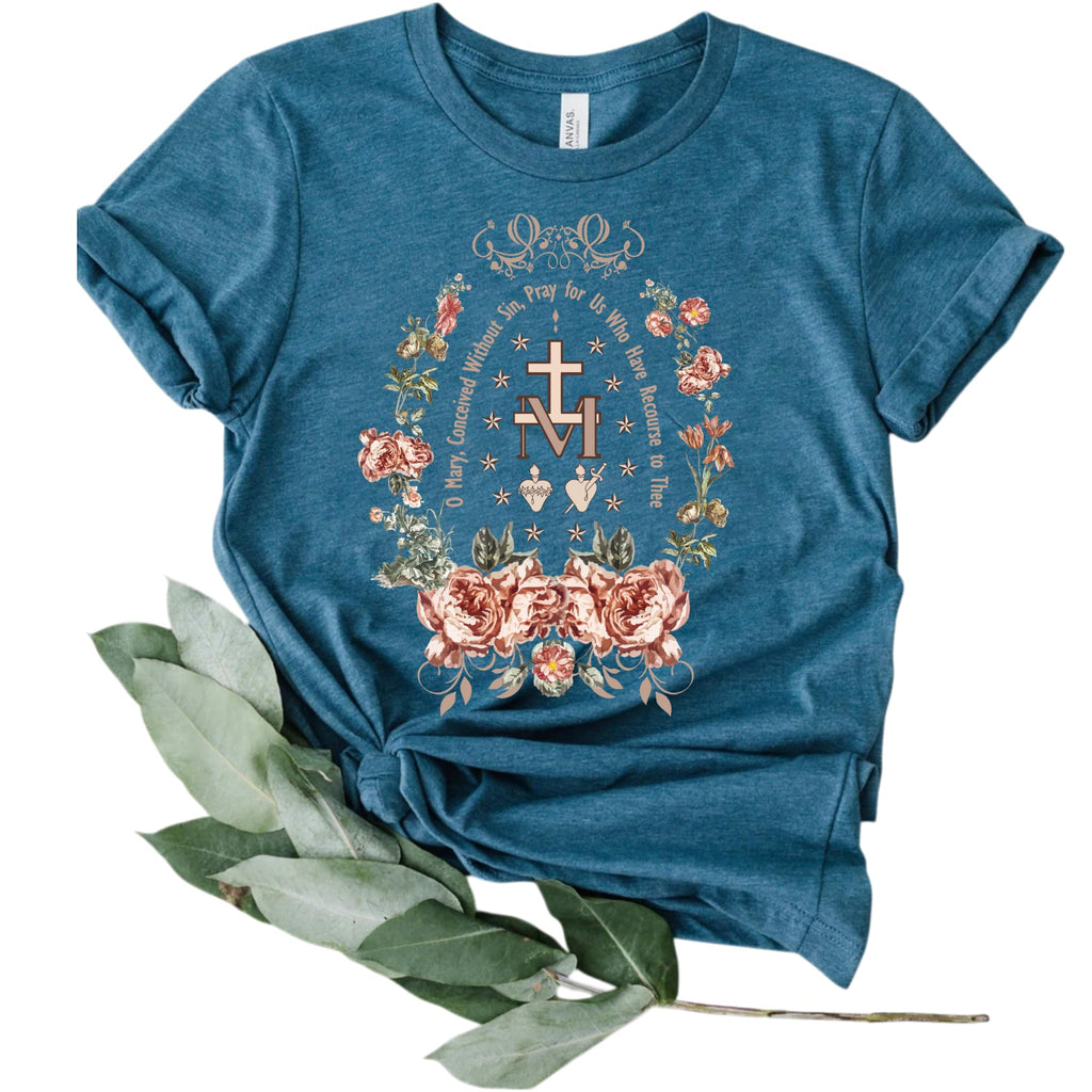 SOFIASGIFT Religious Floral Cross T-Shirt, Marian Catholic T-Shirt, Virgin Mary T-shirt, Catholic Gifts For Women, Marian Cross Shirt, Floral Women Religious Shirts
