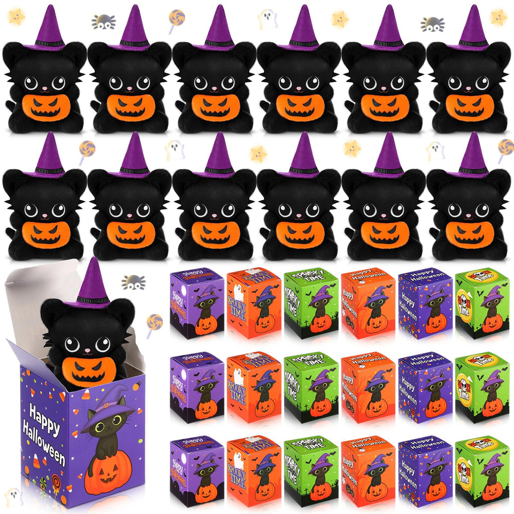 Civaner 24 Sets Halloween Stuffed Animal Mini Plush Toys Bulk with Gift Boxes Small Pumpkin Witch Hat and Keychains for Halloween Party Favors Decorations Classroom Exchange Gifts Doll(Black Cat)