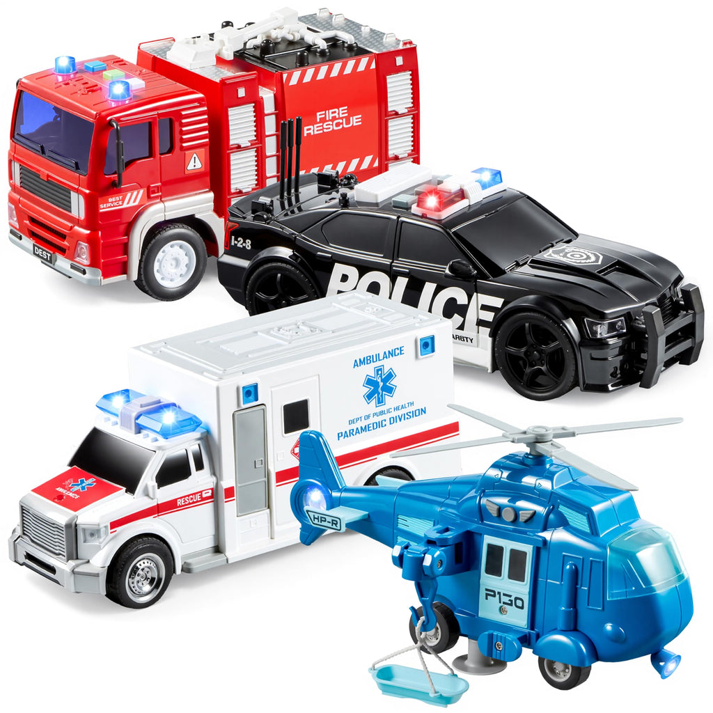 JOYIN 4 Packs Emergency Vehicle Toy Playsets, Friction Powered Vehicles with Light and Sound, Including Fire Truck, Ambulance, Play Police Car and Helicopter, Christmas Toddler Kids Boys Gifts