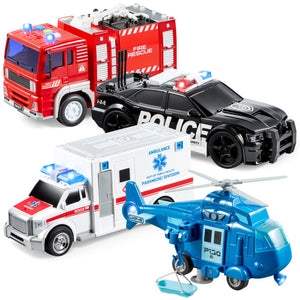 JOYIN 4 Packs Emergency Vehicle Toy Playsets, Friction Powered Vehicles with Light and Sound, Including Fire Truck, Ambulance, Play Police Car and Helicopter, Christmas Toddler Kids Boys Gifts
