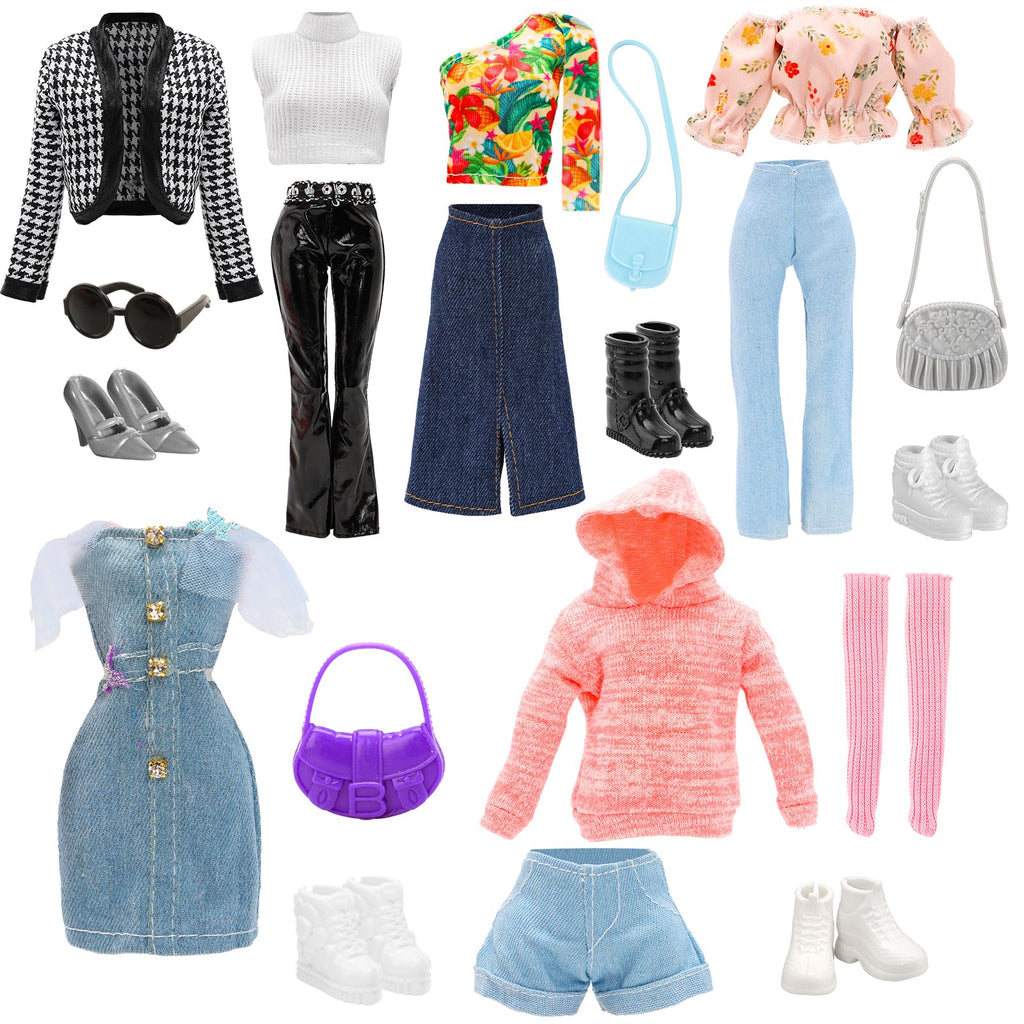 15 PCS Doll Clothes & Accessories Includes 5 Stylish Doll Outfit, Hooded Wear, Dress, Jacket, Casual Clothing with 5 Pairs of Shoes 5 Accessories for 11.5 Inch Girl Dolls Fashion Set
