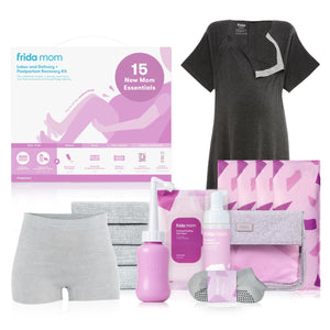 Frida Mom 15pc Labor & Postpartum Kit Gift Set for Baby Showers & Mom to Be, Includes Peri Bottle, Nursing Gown, Disposable Underwear, Ice Maxi Pads, Pad Liners, Perineal Foam, Socks & Toiletry Bag