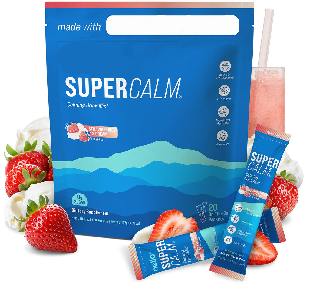 nello Super Calm drink mix package with strawberries and a glass of pink drink on a white background