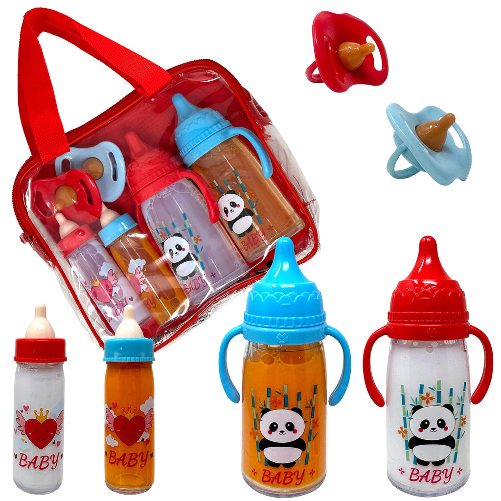 Baby Doll Bottles with Magic Disappearing Milk & Juice Playset, 6pc Pretend Baby Doll Accessories Set 4 Doll Feeding Toy Bottles and 2 Pacifiers, Great Gift for Kids, Toddlers and Little Girls