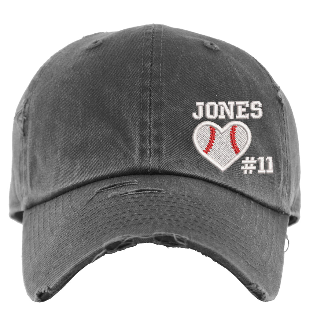 Baseball Heart Hat w/Custom Name and/or Number | Distressed Baseball Cap or Ponytail Hat | Personalized Embroidered Baseball and Softball Mom Hat
