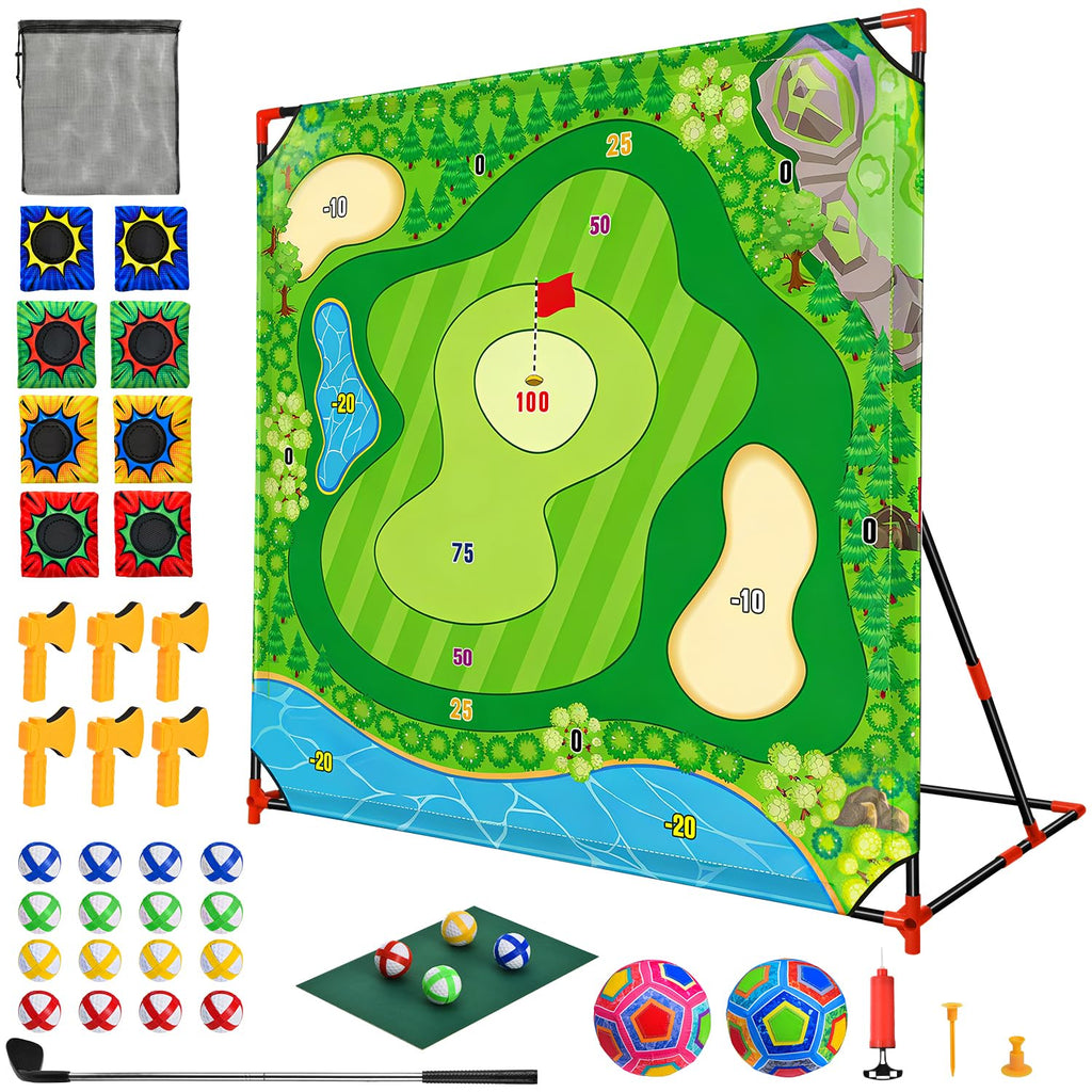 DyBaxa Golf Chipping Game - Golf Battle Game for Kids & Adults, 54*54 Golf Target Mat with 16 Sticky Balls, 8 Bean Bag, 6 Axe, 2 Soccer, Perfect for Family Fun, Outdoor Lawn, Backyard Party Activities