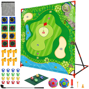 DyBaxa Golf Chipping Game - Golf Battle Game for Kids & Adults, 54*54 Golf Target Mat with 16 Sticky Balls, 8 Bean Bag, 6 Axe, 2 Soccer, Perfect for Family Fun, Outdoor Lawn, Backyard Party Activities