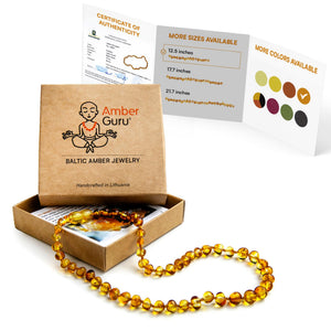 Amber Guru Baltic Amber Necklace (Authentic, Certified) - 12.5 inches - Unisex Jewelry - Honey (Polished) - Real Amber Beads - Proud to Deliver Genuine Baltic Sea Wonder Handcrafted