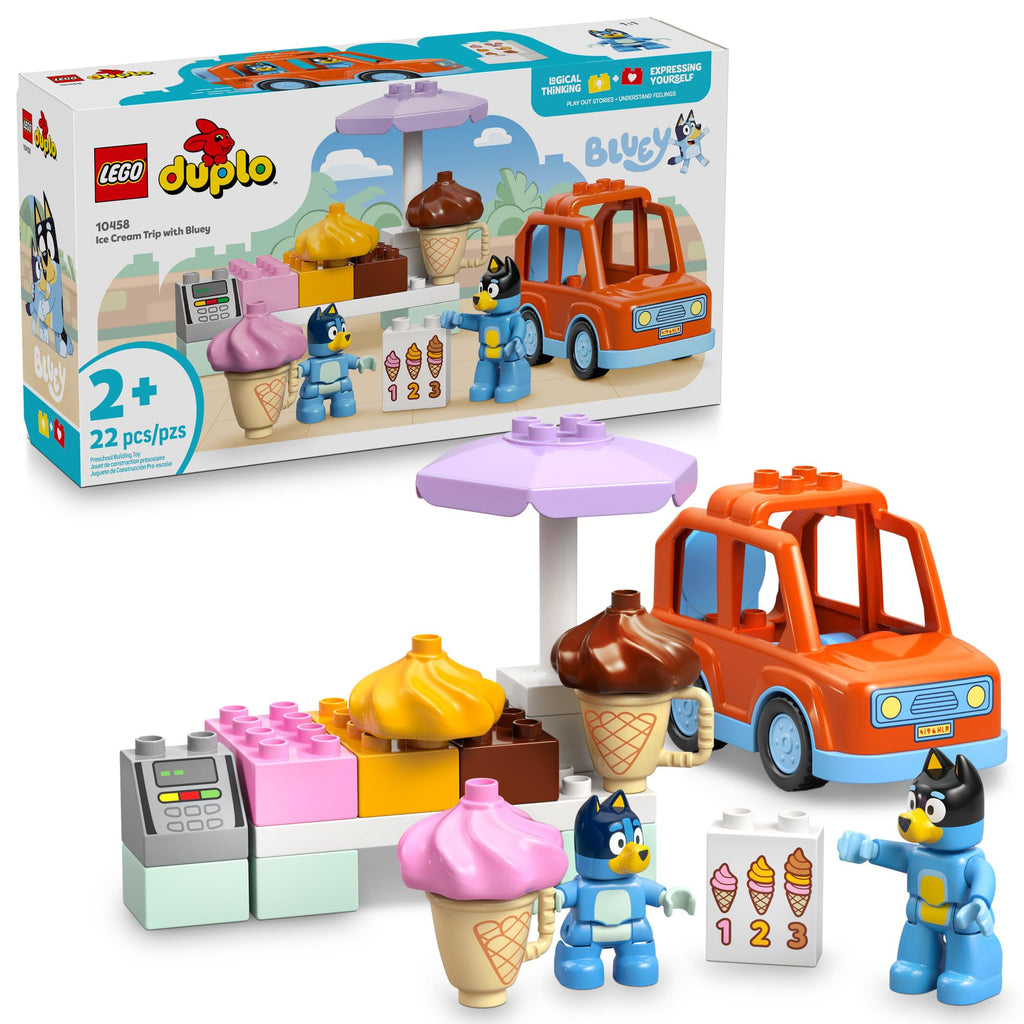 LEGO DUPLO Bluey Ice Cream Trip with Bluey - Toddler Toy for Kids, Boys, and Girls Ages 2+ - Includes Figure and Ice Cream Stand - Sensory Toy for Pretend Play - Preschool Gift Idea - 10458