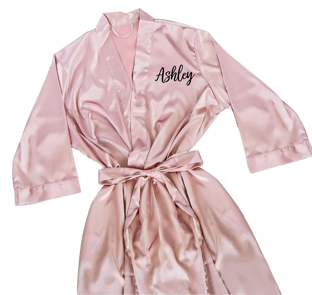 Women's Satin Short Kimono Bridesmaid Bride Robe With Name or Title, Quinceañera or Sweet 16 Robe, Personalized Wedding Party Gift, Bridal Party Gifts