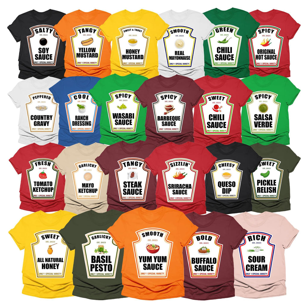 Group Halloween Costumes, Family Shirts Matching Halloween Condiments Costume Tshirt, Tomato Ketchup Yellow Mustard Hot Spicy Soy Sauce Halloween Group Shirts, Group Matching Shirts