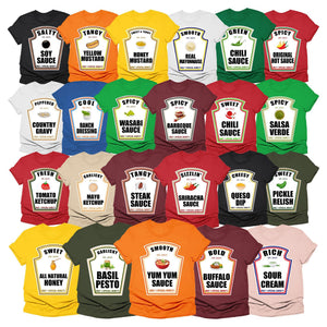 Group Halloween Costumes, Family Shirts Matching Halloween Condiments Costume Tshirt, Tomato Ketchup Yellow Mustard Hot Spicy Soy Sauce Halloween Group Shirts, Group Matching Shirts