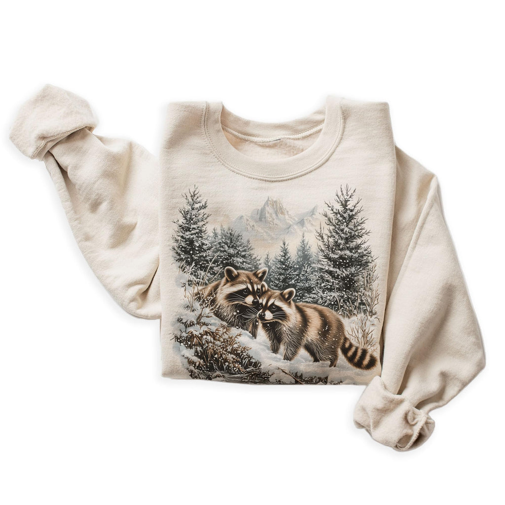 Vintage Raccoon Wilderness Scene - 90s Retro Raccoon Lover Sweatshirt - Scenic Mountain Snowy Winter Nature Sweater - Unisex Graphic Crewneck Sweatshirt