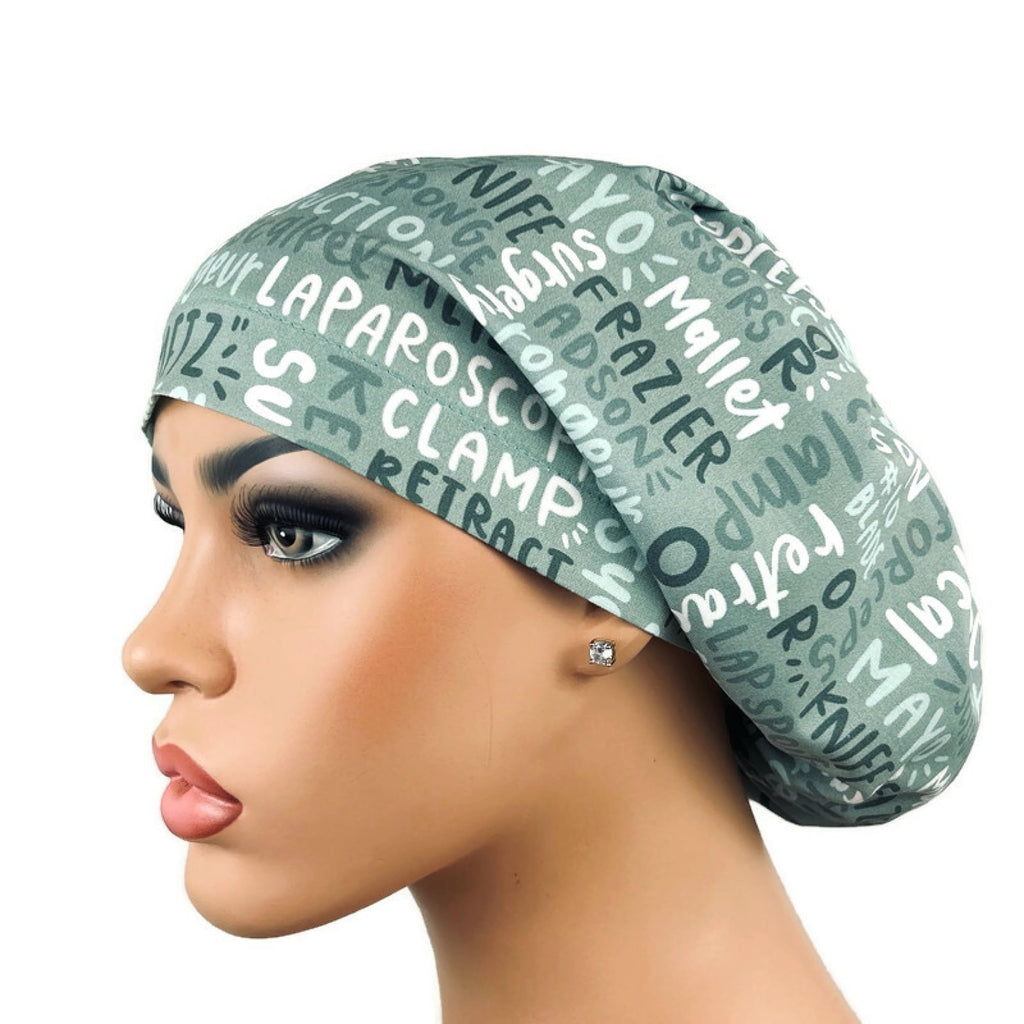 DK Scrub Hats Surgical Scrub Hat for Women and Men, Euro Scrub Cap, Nurse Surgery Hat, Medical Student Gift, Surgical Tools Print Sage Green