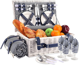 Picnic Basket for 4 Persons with Waterproof Picnic Blanket and Insulated Cooler, Large Wicker Picnic Basket for Camping, Outdoors, Valentine's Day, Christmas, Birthday, Wedding Gift