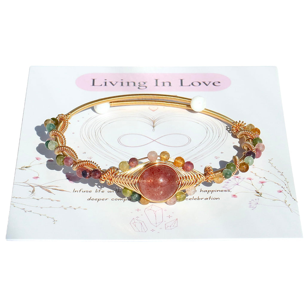 Handmade Genuine Strawberry Rose Quartz& Rainbow Tourmaline Beads 14k Gold Filled Wire Wrapped Bracelet, Birthstone Chakra Healing Gemstone Crystal Adjustable Bangle Cuff Jewelry Gift for Women Girls