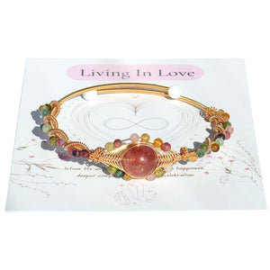 Handmade Genuine Strawberry Rose Quartz& Rainbow Tourmaline Beads 14k Gold Filled Wire Wrapped Bracelet, Birthstone Chakra Healing Gemstone Crystal Adjustable Bangle Cuff Jewelry Gift for Women Girls