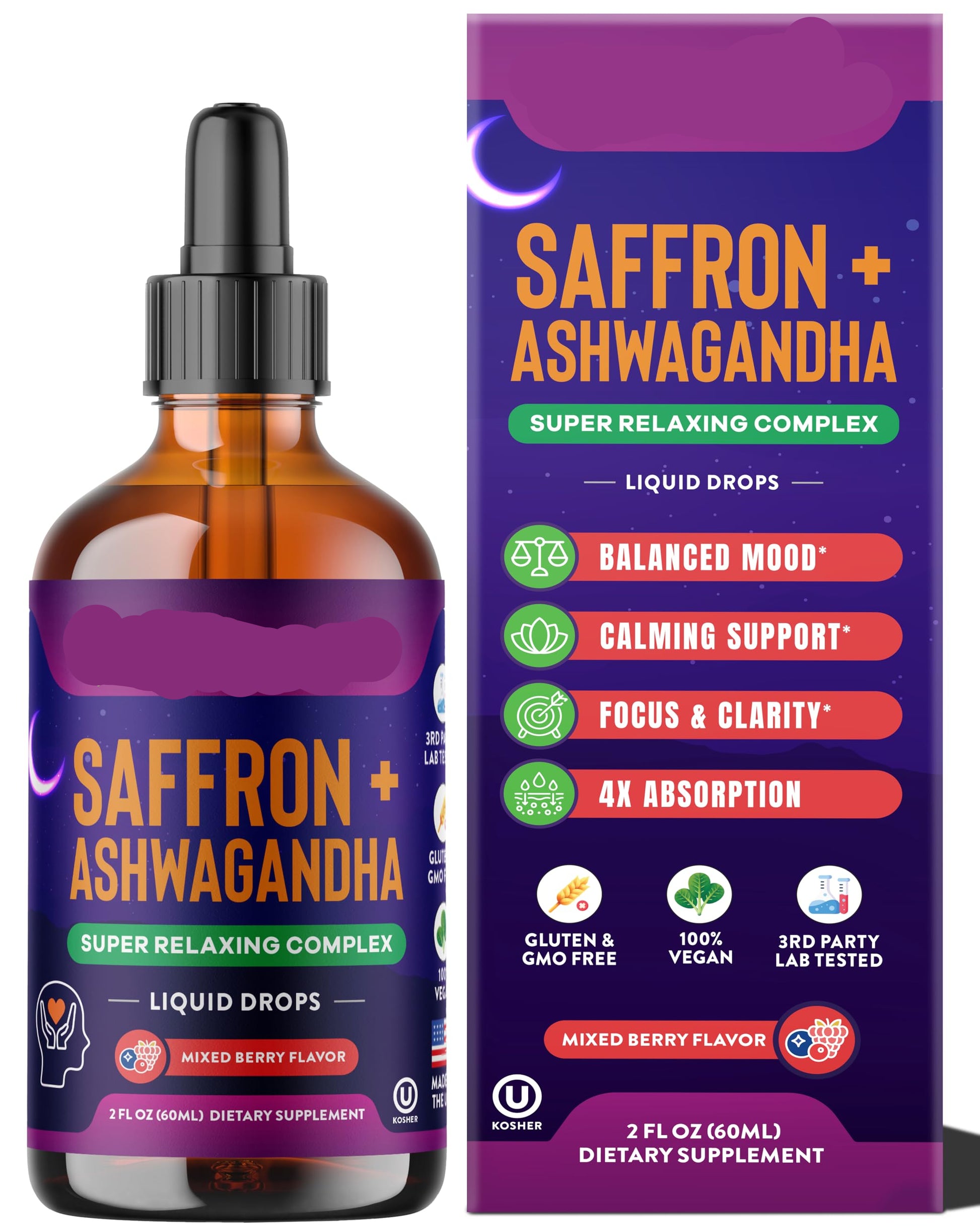 Drops of Nature Saffron + Ashwagandha supplement bottle and packaging on a white background