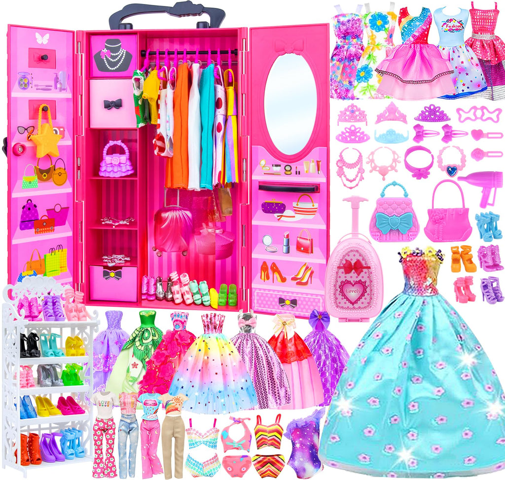 Ecore Fun Fashion Doll Closet Wardrobe for Doll Clothes and Accessories Storage - Lot 102 Items Include Clothes, Dresses, Shoes, Bags, Necklace, Shoes Rack, Hangers for 11.5 Inch Girl Doll Clothes