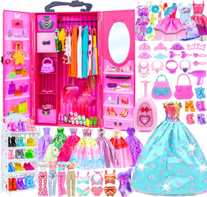 Ecore Fun Fashion Doll Closet Wardrobe for Doll Clothes and Accessories Storage - Lot 102 Items Include Clothes, Dresses, Shoes, Bags, Necklace, Shoes Rack, Hangers for 11.5 Inch Girl Doll Clothes