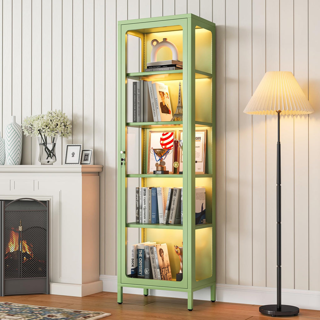 69" Glass Display Cabinet with Lock & 13-Color LED Lights, 5-Tier Locking Metal Cabinet with Adjustable Shelves, Secure Showcase for Collectibles, Action Figures, Trophies (Green)
