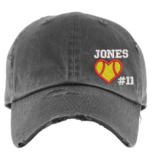 Softball Heart Hat w/Custom Name and/or Number | DISTRESSED Baseball Cap OR Ponytail Hat | Personalized Embroidered Baseball and Softball Mom Hat